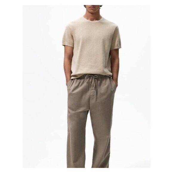 Zara T-Shirt Men's Small Global Department Short Sleeve Basic Jacquard Tee Tan - Picture 1 of 5